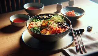 A minimalistic dinner table setting featuring Vegan Kimchi Ramen with shiitake mushroom broth, tofu, kimchi, and chopsticks.