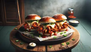 Four toasted buns filled with vegan pulled jackfruit in hoisin BBQ sauce, topped with vegan mozzarella, green onions, sesame seeds, and chili flakes on a timber table.