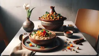 HD image of a Moroccan chickpea and apricot tagine in a clay pot, next to spiced Ethiopian rice, with a white tulip in a vase on a clean table.