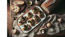 Rustic wooden table set with elegant Vegan Truffle Mushroom Crostini on a white plate, adorned with truffle oil and fresh parsley. French bread loaf toasted perfectly.