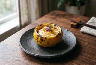 A charred yuzu citrus shell filled with silken tofu and miso glaze on a dark wabi-sabi ceramic plate.