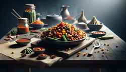 Vibrant vegan African sauce in a tantalizing table setting, showcasing rich colors and inviting presentation for a culinary journey.