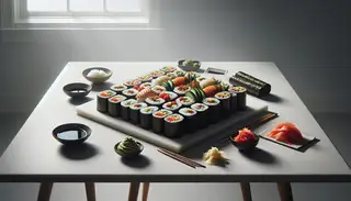 Vegan Sushi Deluxe Platter with colorful fillings on a clean table, featuring pickled ginger, wasabi, and soy sauce, under natural light.