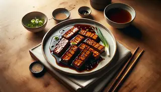 Image of Vegan Glazed Tempeh with Miso-Maple Sauce on a minimalist plate, garnished with spring onions and sesame seeds, beside chopsticks and a sauce bowl on a wooden table.