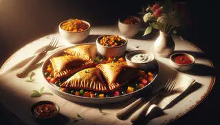 Image of a cozy dinner table with golden, crispy Vegan African-Inspired Flaky Pockets filled with spicy lentils and vegetables, served with tangy chutney and vegan yogurt dip, under warm lighting.