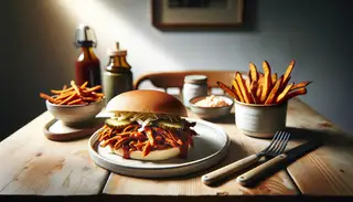 Minimalist dinner table featuring a vegan 'pulled pork' sandwich with caramelized jackfruit, coleslaw, and sweet potato fries on a light wooden table.