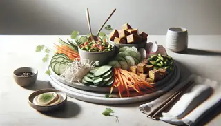 Hyperrealistic image of a Vegan Asian Fusion Snack Platter on a minimalist table, featuring marinated tofu, pickled radish, vegan kimchi, edamame with sesame, cucumber, carrots, and fresh cilantro.
