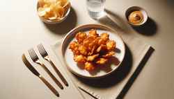 Create an image showcasing an appetizer with African culinary influences. The dish should have a golden brown color symbolizing its crispy texture. It should be positioned on a clean, minimalist table, letting the dish take center stage. The table setting should be simple and not overloaded with accessories or excess tableware. The image should focus solely on the appetizer itself, without any text or human figures.