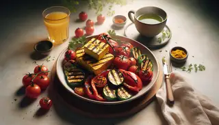 Vegan breakfast with grilled vegetables, tofu scramble, cherry tomatoes, parsley, green tea, and orange juice on a minimalist table under soft lighting.