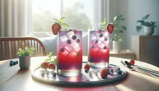 Two vibrant glasses filled with red and purple berry citrus cooler, garnished with mint, strawberries, and blueberries, on a minimalist table under natural light.