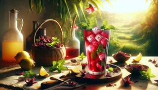 Imagine a bright and lively scene from the heart of Africa. The natural daylight pours onto a table set in an exquisite manner. Sitting in the middle is a tall, dewy glass filled with a vivid ruby-red liquid, an African specialty drink made of hibiscus petals. Clusters of ice cubes are gently floating, their streaks of cold white contrasting the beverage's warmth. Fresh green mint leaves stand out as a garnish. Yellow lemon slices surround the glass on the tabletop, adding a citrus vibrancy. Nearby, a wooden spoon rests, ready for stirring. Other elements on the table include a woven basket spilling with hibiscus petals, a testament to the drink's local origin. Lush African greenery or a sunlit horizon subtly peeks in the background. The image echoes a refreshing sense of life, representing the vibrant colors of Africa, with a balanced composition that invites viewers to savor this delicious drink.