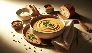 Creamy African peanut soup in an elegant bowl, garnished with cilantro, served with crusty bread on a clean, minimalistic table under warm lighting.