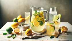 A refreshing vegan sour drink with lemons and limes, served in glasses with ice cubes, against a clean and simplistic table setup.