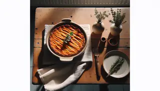 Image of vegan sweet potato shepherd's pie in a ceramic dish, on a rustic wooden table with rosemary, thyme, and a white napkin, in soft sunlight.