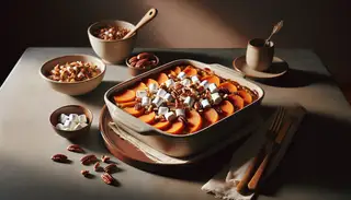 Vegan Candied Sweet Potato Casserole on a simple table, layered with pecans and vegan marshmallows, warmly lit to enhance its inviting texture.