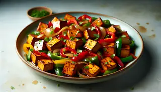 Golden-brown marinated tofu cubes with red and green bell peppers, yellow onions, and a shiny marinade, garnished with cilantro on a simple table.