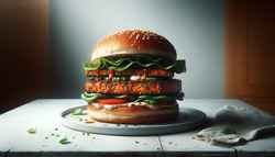 Hyperrealistic image of a gourmet vegan burger on a minimalist table, featuring a crispy tempeh patty glazed with sriracha and soy, fresh lettuce, ripe tomatoes, and vegan mayo.