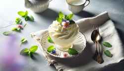 Vegan whipped coconut cream in a delicate cup, topped with mint and edible flowers, set on a simple high tea table.