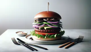Vegan gourmet burger with black bean and mushroom patty, fresh vegetables, and vegan cheese, presented on a minimalist table setting.