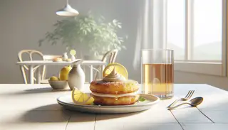 Vegan lemon ricotta fritter on minimalist table setting, showcasing fluffy texture and tangy lemon flavor, ready to be enjoyed with syrup.