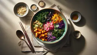 A naturally lit, minimalistic dining setup with a vibrant, Asian-inspired vegan bowl of quinoa, sweet potatoes, kale, cabbage, and radishes, garnished with sesame seeds and cilantro.