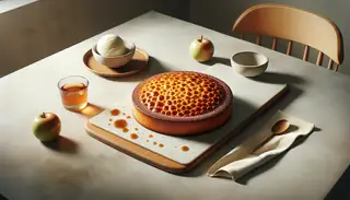 Freshly baked Vegan Miso Caramel Apple Pie on a minimalist table, golden brown with a scoop of white vegan ice cream, in soft natural light.