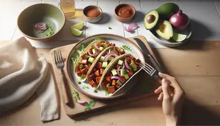 A vibrant, inviting lunch table scene showcasing BBQ Jackfruit Tacos with avocado, red onion, and cilantro, set in a clean, minimalist setting.