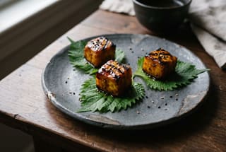 Three caramelized Japanese sweet potato cubes on shiso leaves, served on a rustic dark ceramic plate with a minimalist aesthetic.
