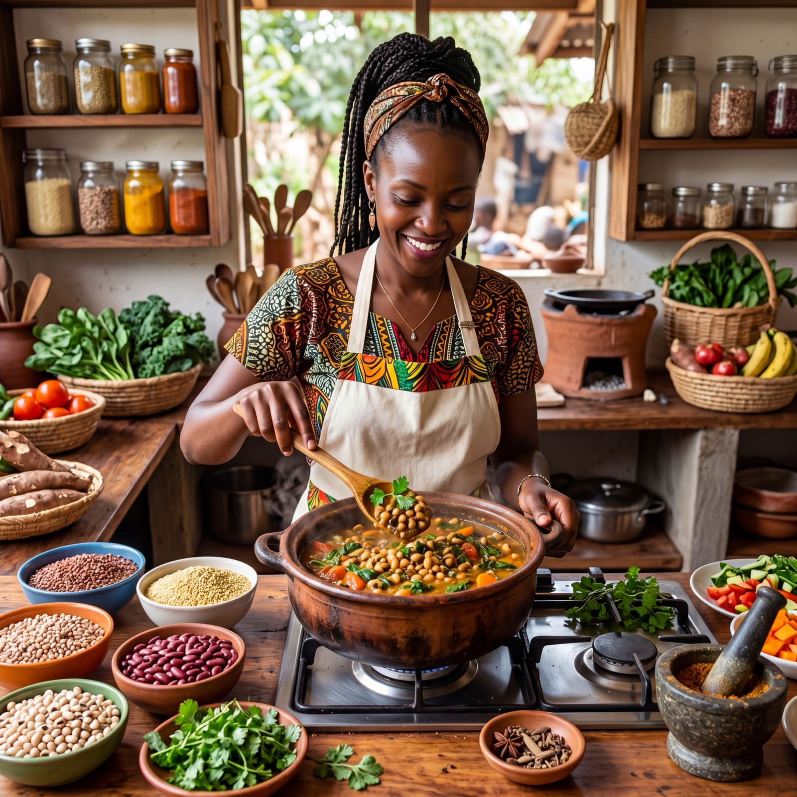 Nia in a colorful kitchen adorned with African art, preparing a vegan Ethiopian lentil stew.