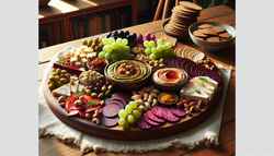 Elegant vegan charcuterie platter with cashew cheeses, vegan salami, and assorted nuts, set on a wooden table in natural light.