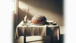 Hyper-realistic image of freshly baked bread on a minimalist table, exuding warmth and homemade comfort.