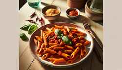 Image of a vegan Spicy Arrabbiata Penne on a white plate, garnished with basil, served with nutritional yeast, water, and a fork, on a light-wood table.