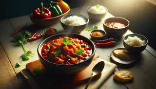 Vibrant vegan African robust sauce in a ceramic bowl, garnished with cilantro, beside steamed rice or crusty bread, on a wooden table under warm light.