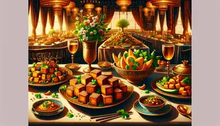 Illustrate a scene that encapsulates the essence of a rich vegan appetizer at a high-end Asian fusion restaurant. Visualize a table elegantly set with a symphony of delicious plant-based dishes; the hero being crispy marinated tofu cubes. These cubes are golden brown and shimmering; with an enticing crisp exterior surrounding a luscious and tender interior. Complementing the tofu is a vibrant garniture of sesame seeds and fresh cilantro, enhancing the dish with bursts of color and a vibrant freshness. The image should emphasize the wide ranging spectrum of vegan cuisine, with an assortment of tantalizing plant-based appetizers arranged appealingly, luring guests to partake in this opulent, animal-friendly banquet. The surrounding ambiance should radiate warmth and refinement, mirroring the combination of classical Asian flavors and modern vegan culinary craft.