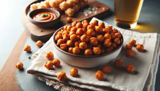 Crunchy vegan BBQ chickpea poppers on a clean table setting, showcasing their irresistible texture and appeal.