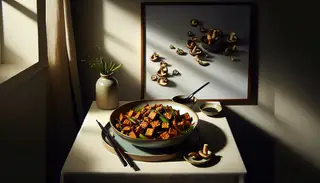 Crisp golden-brown tempeh and glossy shiitake stir-fry served in a simple bowl, accented with sesame seeds and green onions, with soy sauce and chopsticks on the side.