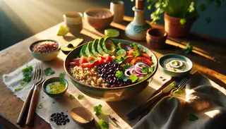 Create a rich and detailed image of an African-inspired Vegan breakfast bowl on a beautifully set breakfast table amidst the natural beauty of the morning. The bowl, warmed by golden morning sunlight, overflows with a wholesome medley of cooked millet, black beans, creamy avocado slices, diced tomatoes, and red onions. Fresh cilantro leaves are scattered around, and the invigorating aroma they emanate fills the air. A zesty lime dressing artistically drizzled over the bowl adds a finishing touch. The scene encapsulates tranquility and nourishment at the start of the day, symbolizing the harmonious blend of textures and flavors, relishing in good food and the company of nature.