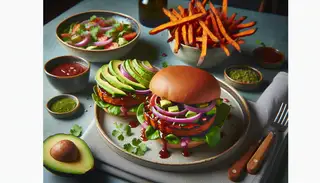 Asian BBQ Tempeh Burger with avocado and cilantro on wholemeal buns, sweet potato fries, and green salad on a minimalist table.