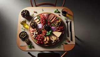 A finely arranged vegan charcuterie board on a simple table, featuring smoked tempeh, assorted vegan cheeses, and colorful vegetables, garnished with basil and arugula.
