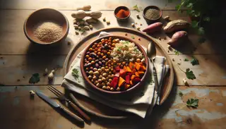 A simplistic vegan African lunch setup with roasted peanuts, chickpeas, and sweet potatoes on a ceramic plate, garnished with parsley, on a wooden table. Soft daylight enhances the natural scene.