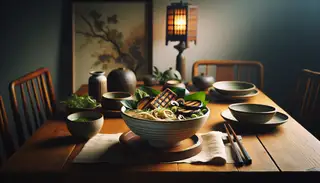 Cozy dinner setting with a minimalist table featuring Shiitake Mushroom Ramen with Grilled Tempeh, evoking warmth and Asian flavors.