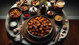 Golden-brown, crispy tempeh cubes seasoned with garlic and smoked paprika, a vegan feast for the eyes.