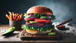 Hyper-realistic image of a gourmet vegan burger with a black bean and beetroot patty on a wooden table, accompanied by sweet potato fries, under natural lighting.