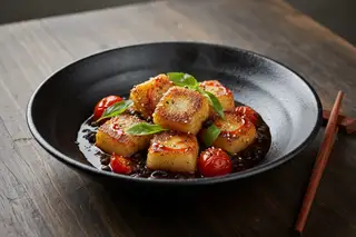 Golden seared mochi in dark umami sauce with charred tomatoes and basil in a black bowl. A minimalist fusion of fire, fermentation, and soul.