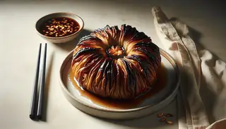 Realistic image of scorched dim sum with a crispy golden-brown exterior, revealing shiitake mushroom filling, served with hoisin sauce on a minimalistic table.