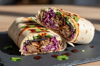 Smoky vegan King Oyster mushroom brisket wrap with purple cabbage slaw and miso spread on a charred flour tortilla.