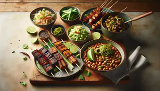 Vegan Asian BBQ Meze Platter with smoky jackfruit, grilled seitan, chili miso tempeh skewers, and colorful sides garnished with cilantro and lime on a neutral table.
