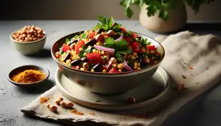 African-inspired vegan bowl salad with millet, sorghum, red bell peppers, black beans, and red onions, dressed in cumin and paprika, topped with peanuts.