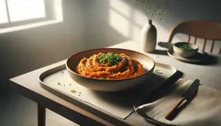 Elegant vegan Asian BBQ sweet potato mash in a stylish bowl, garnished with green onions and sesame seeds, on a minimalist table with soft lighting and simple decor.