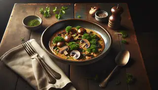 Cozy dining setting with a dark wooden table featuring a rustic ceramic bowl of creamy mushroom and tempeh, garnished with parsley, beside simple silverware and a linen napkin.